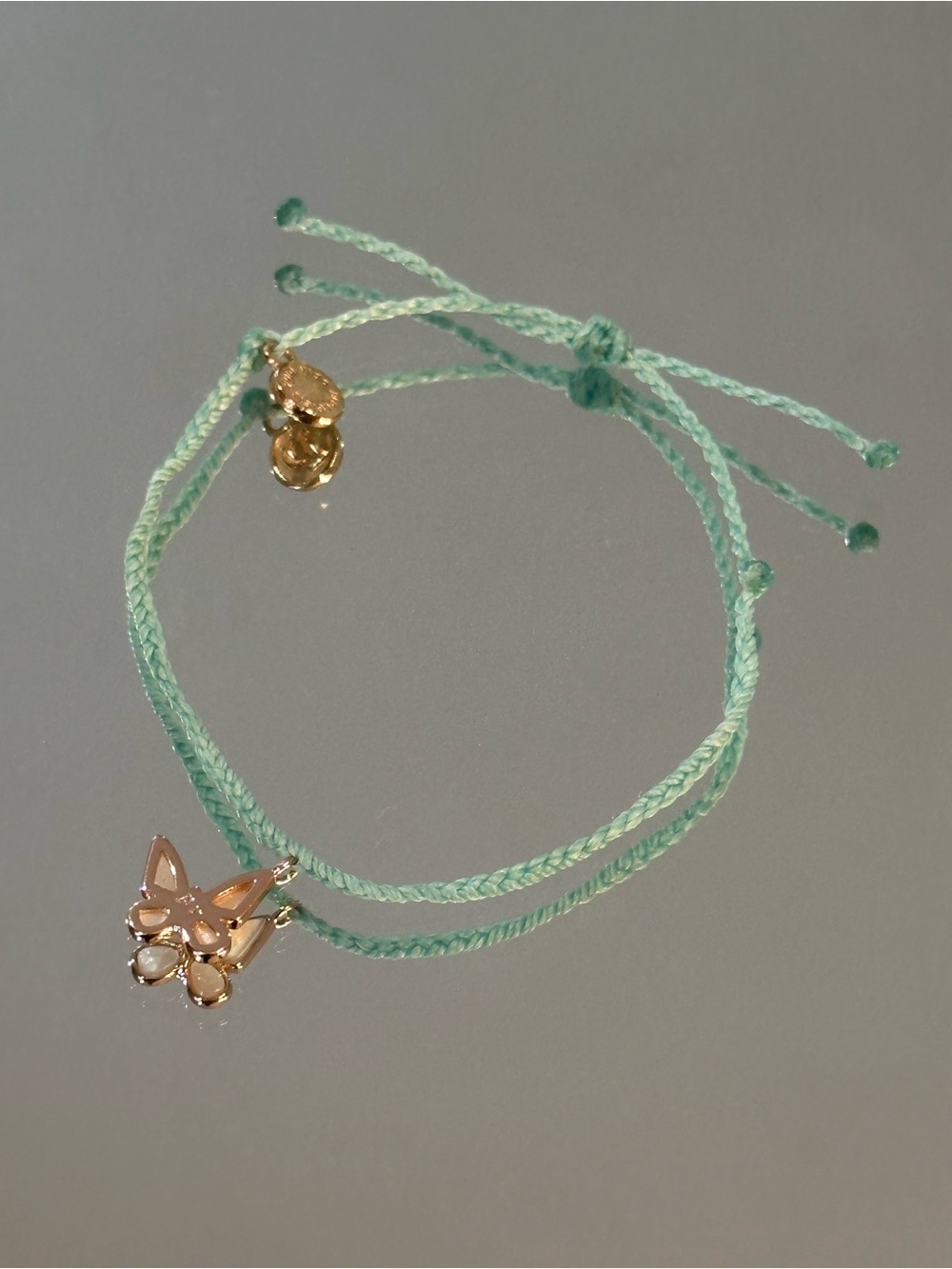 Gold Butterfly Charm Mint Green Cord Bracelet -